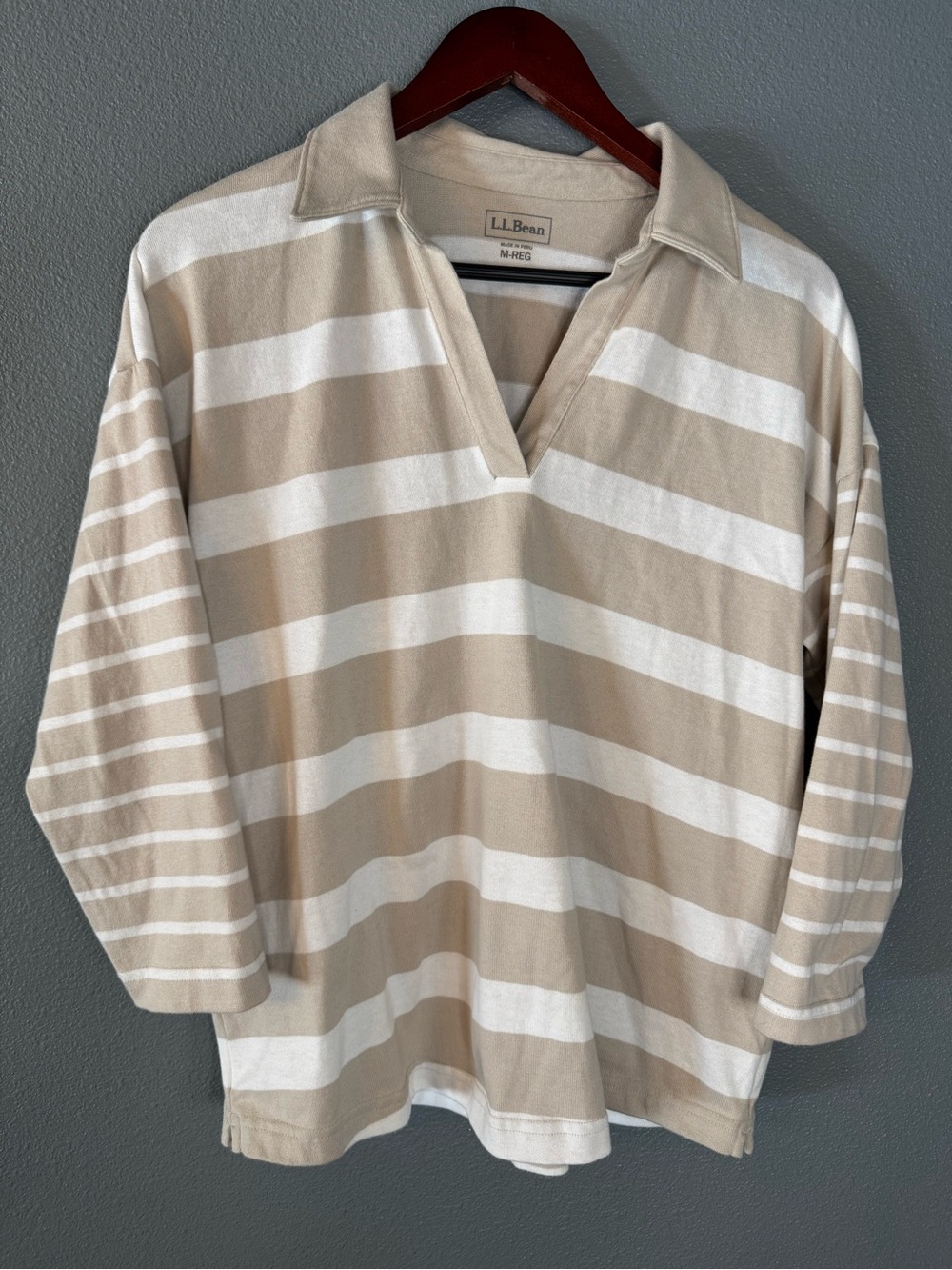 L.L.Bean Striped Collared Pullover Womens Medium Beige White Long Sleeve Shirt
